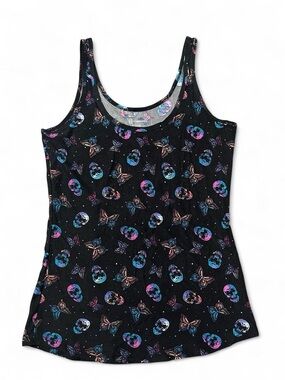 Black Tank Top with Butterfly & Skull Print